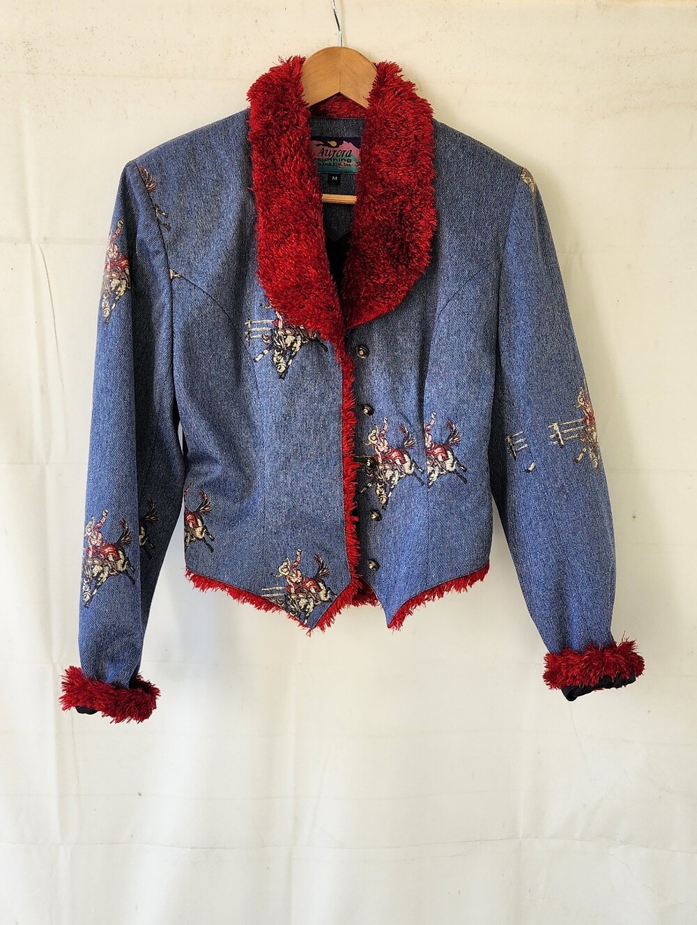 Aurora Vintage Horse Print Blue Denim Jacket with Red Faux Fur Trim